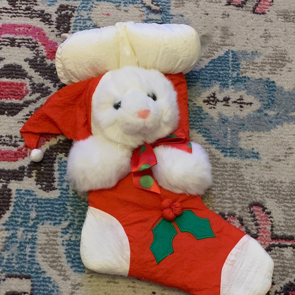 Vintage Festive Red Christmas Stocking with White kitty